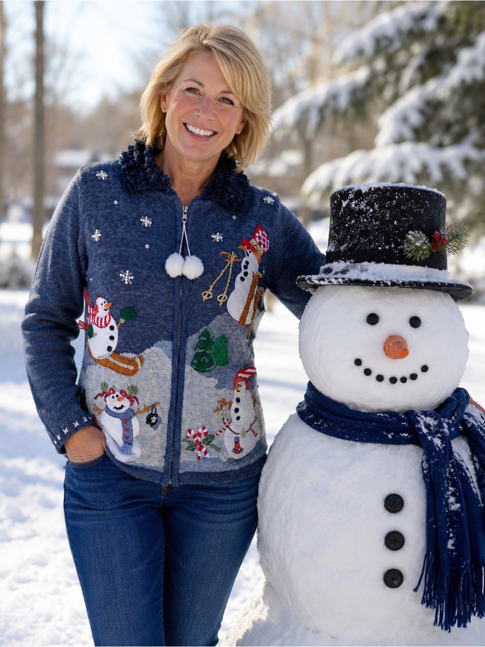 Ugly Christmas Sweater Cardigan Snowmen On Skis Women’s Size PM